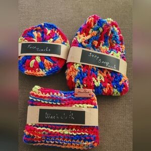 Spa set ,face scrubs  Washcloths  soap Saver Handmade  bath pamper gift